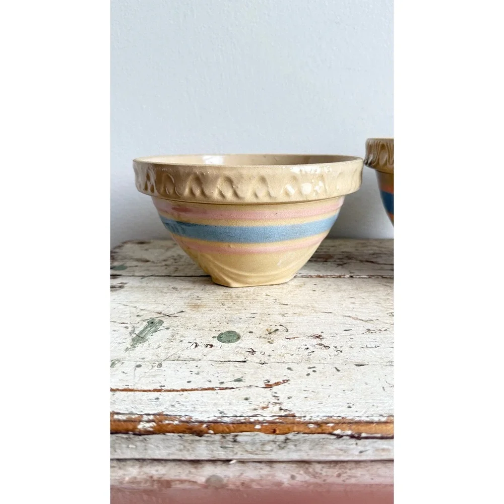 Vintage USA Yellowware Mixing Bowl Set Pastel Blue Pink Stripes 2pc